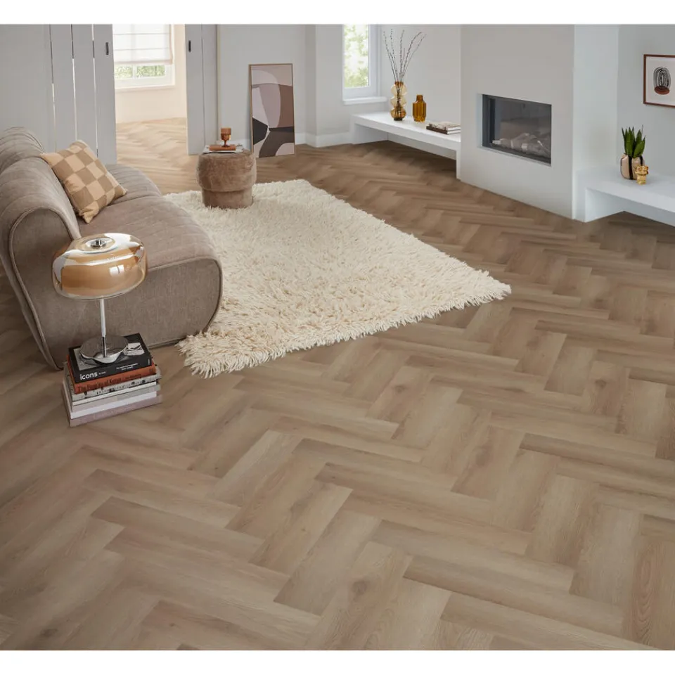 Kwantum Visgraat Pvc|Plak Pvc-Vloeren|Plak PVC Camrose Beige Eiken Visgraat